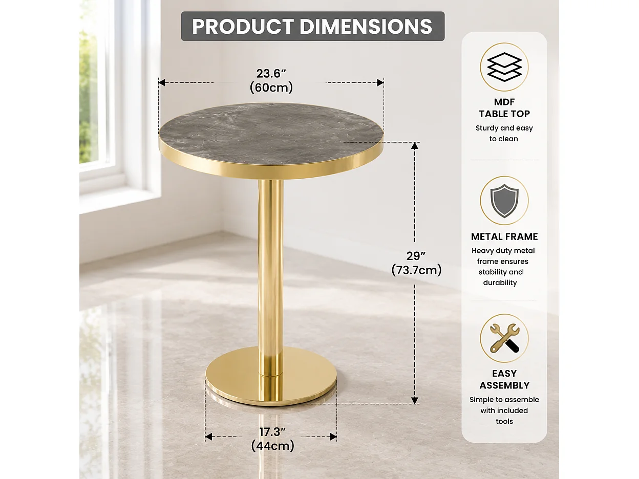 Table d'appoint ronde 60 x 60 cm effet marbre gris - Pied en acier inoxydable doré