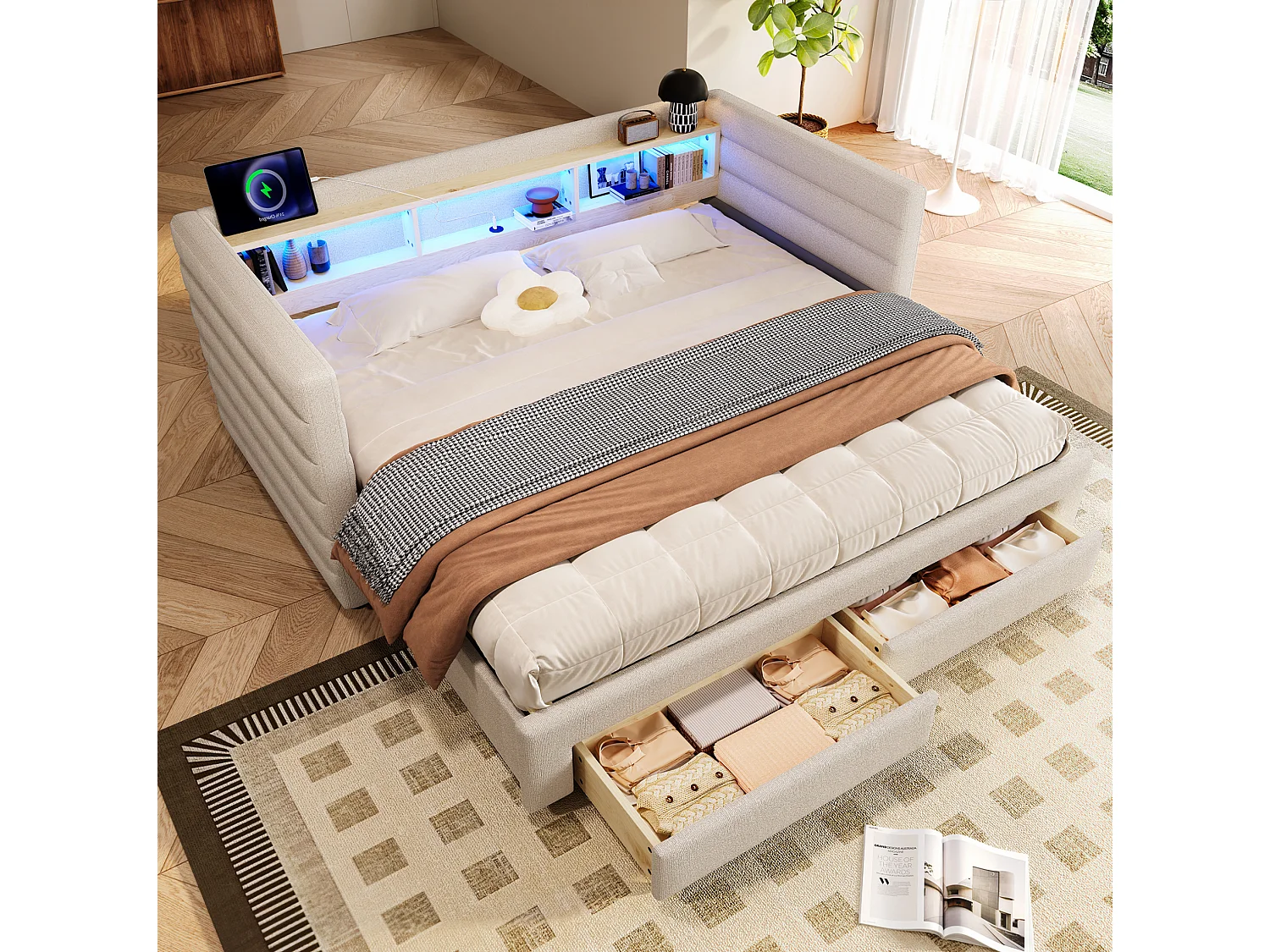 Lit banquette 90 × 190 cm convertible avec ports USB et 2 tiroirs - Lit enfant / adulte en velours beige