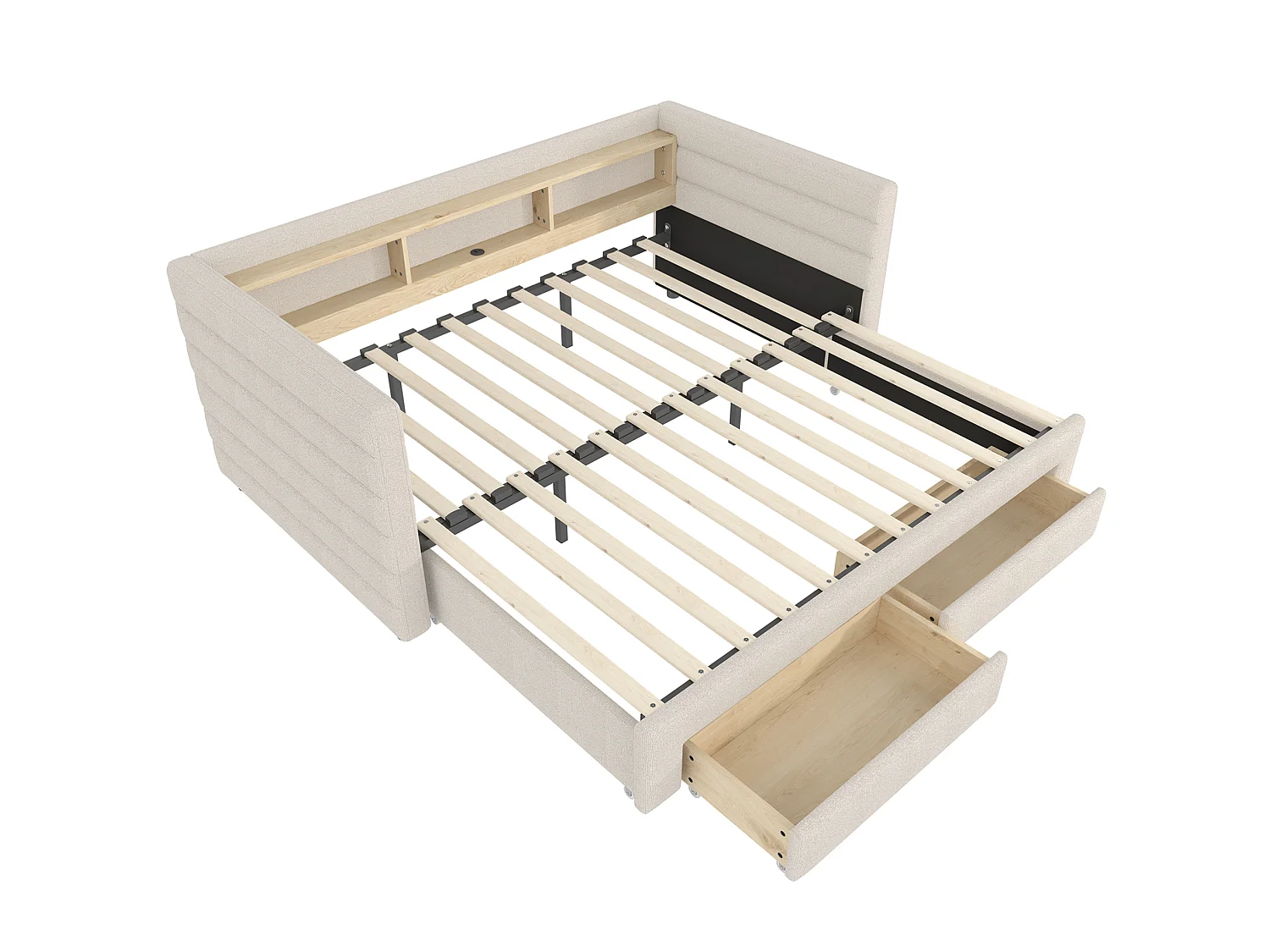 Lit banquette 90 × 190 cm convertible avec ports USB et 2 tiroirs - Lit enfant / adulte en velours beige