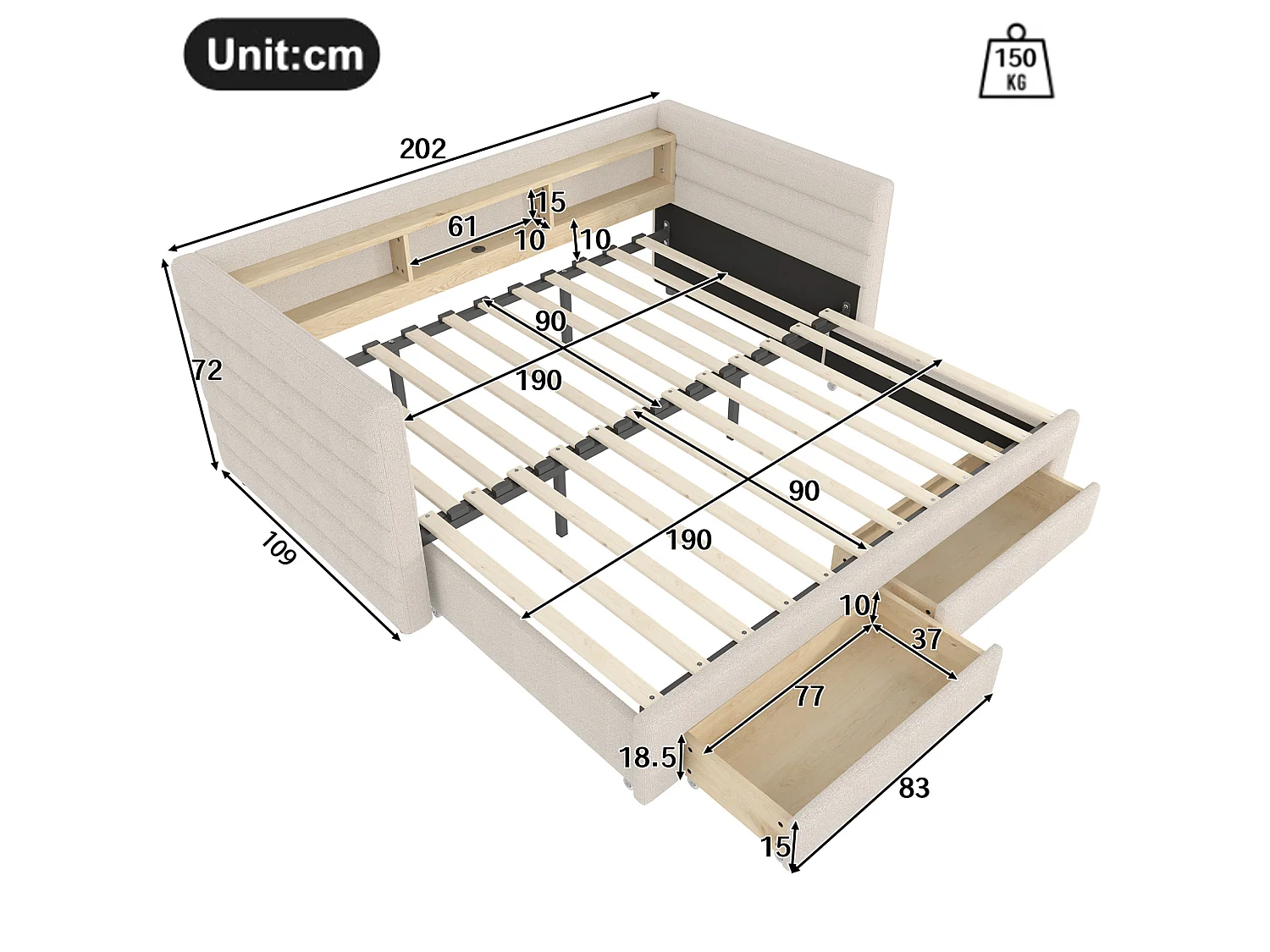 Lit banquette 90 × 190 cm convertible avec ports USB et 2 tiroirs - Lit enfant / adulte en velours beige