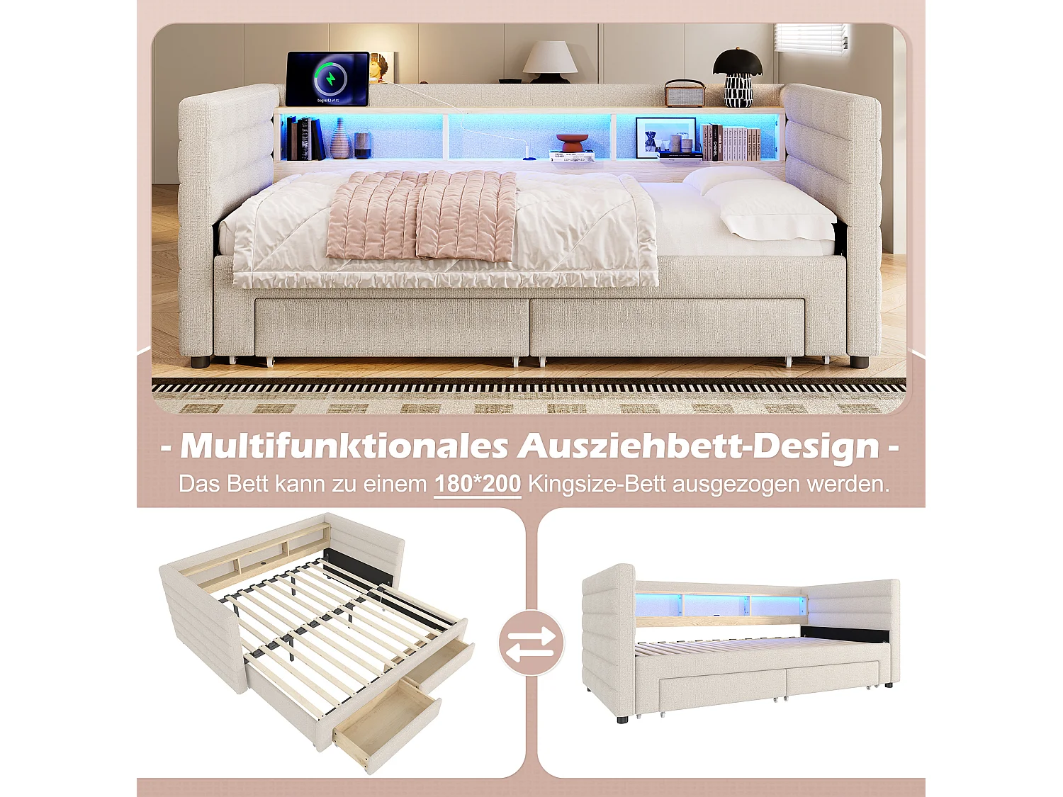 Lit banquette 90 × 190 cm convertible avec ports USB et 2 tiroirs - Lit enfant / adulte en velours beige
