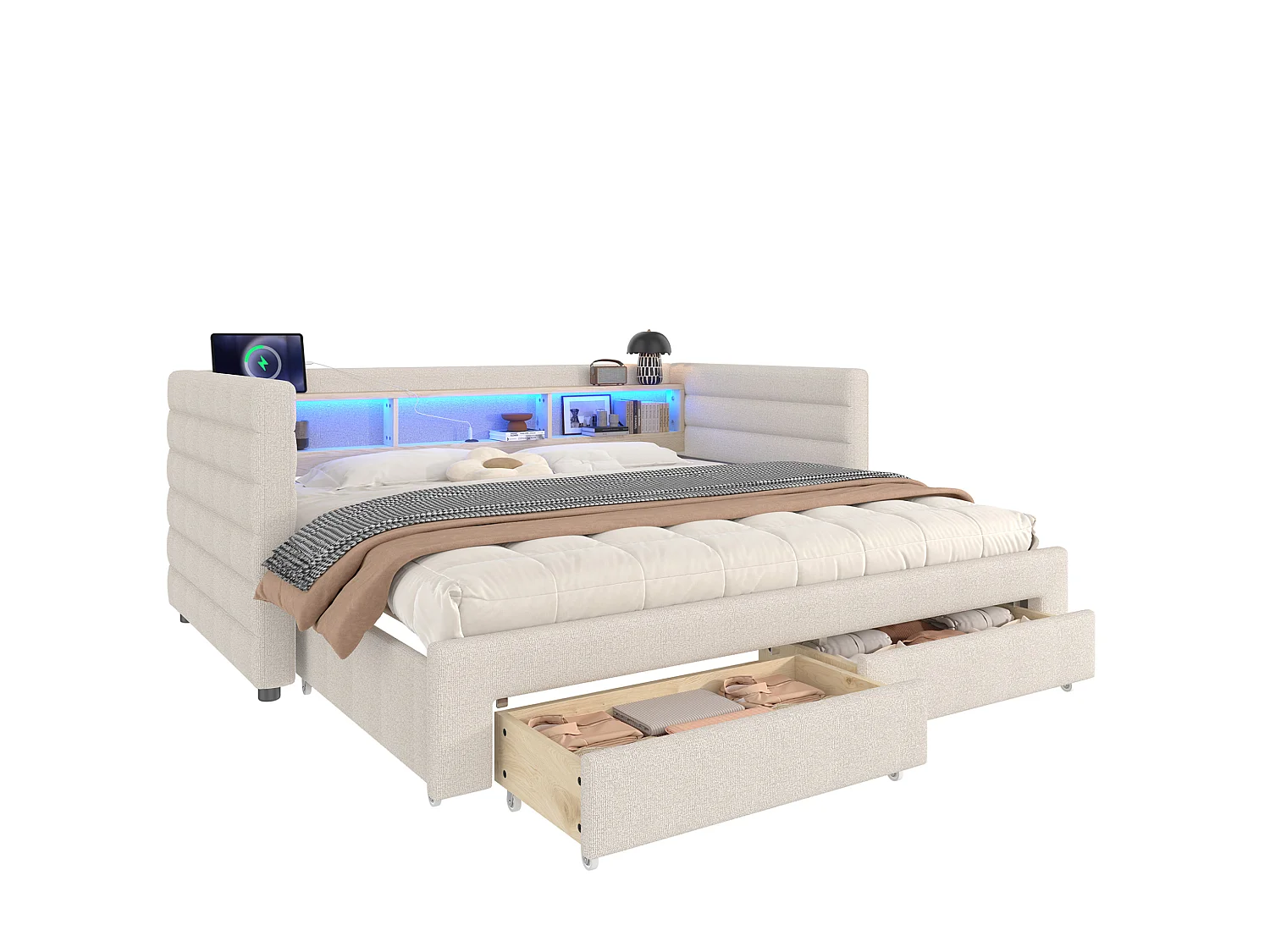 Lit banquette 90 × 190 cm convertible avec ports USB et 2 tiroirs - Lit enfant / adulte en velours beige