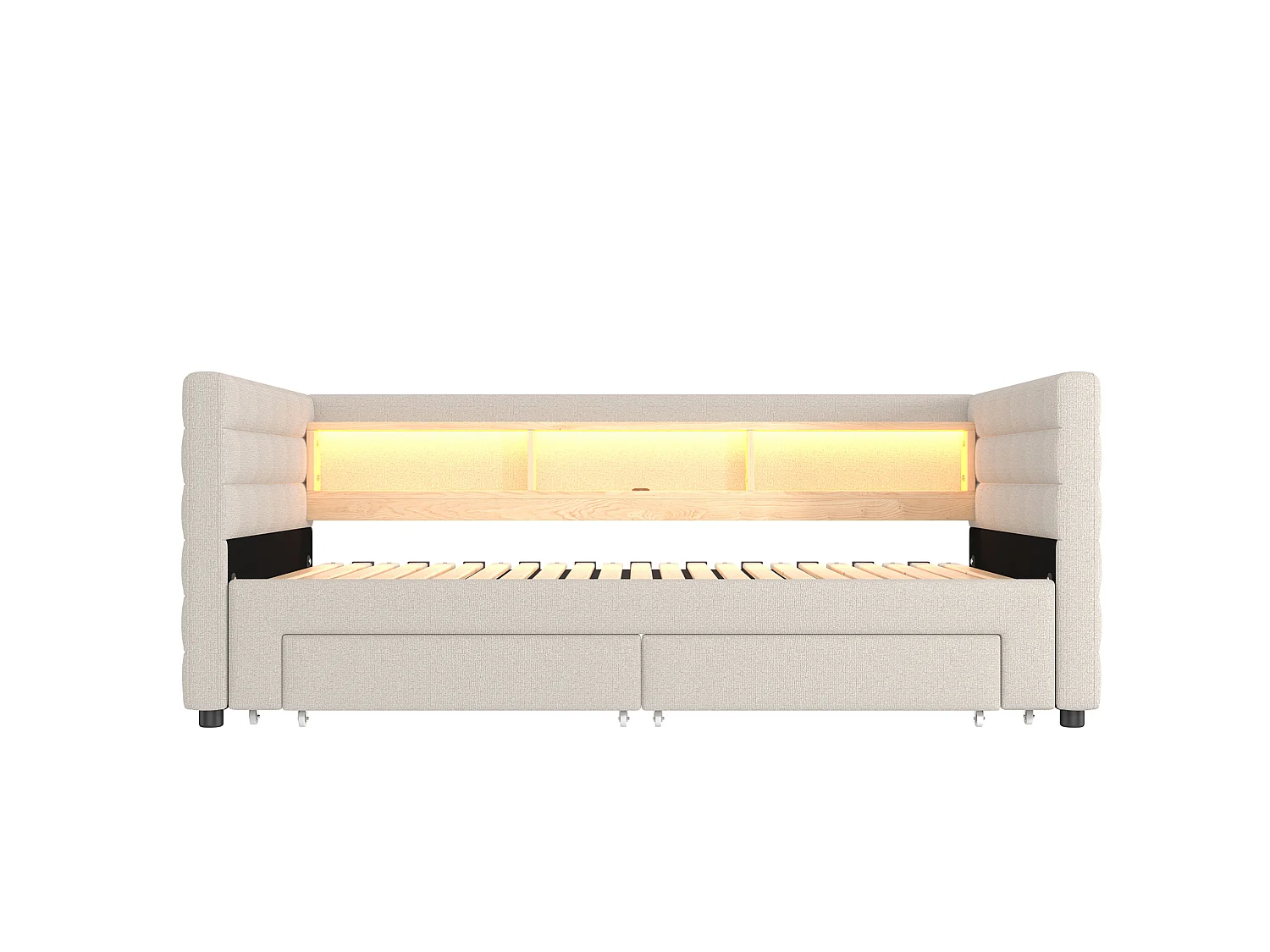 Lit banquette 90 × 190 cm convertible avec ports USB et 2 tiroirs - Lit enfant / adulte en velours beige