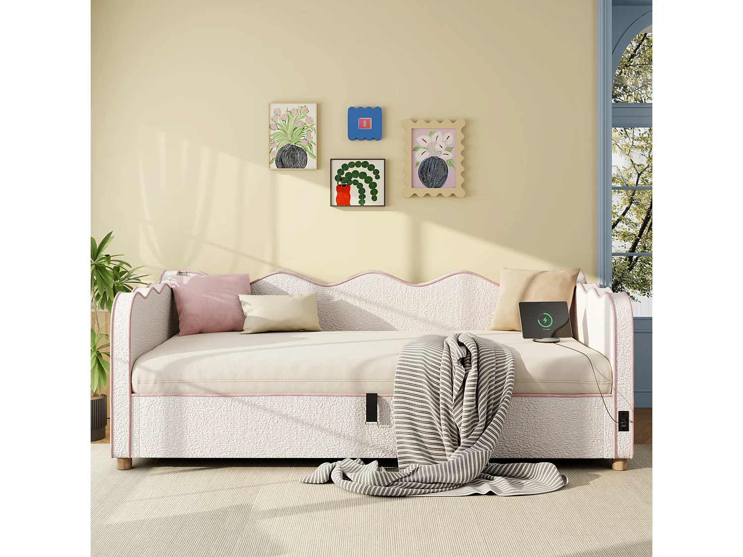 Lit coffre 90x200 cm avec ports USB et Type-C - Lit banquette en bouclé beige