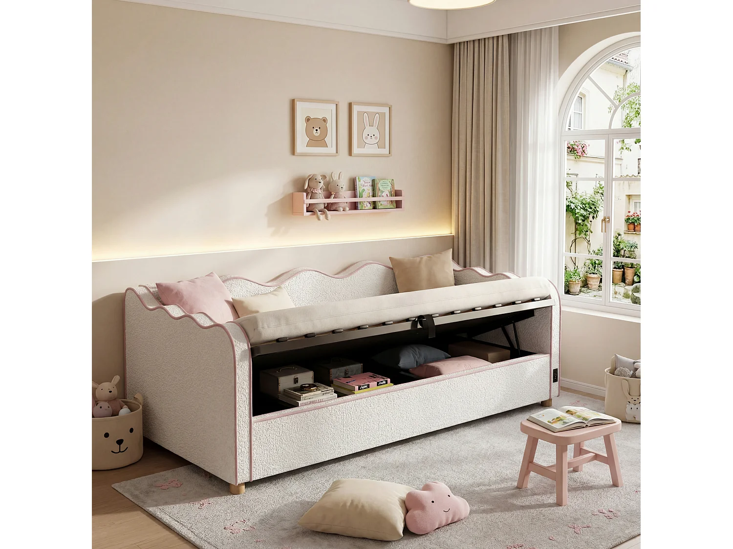 Lit coffre 90x200 cm avec ports USB et Type-C - Lit banquette en bouclé beige