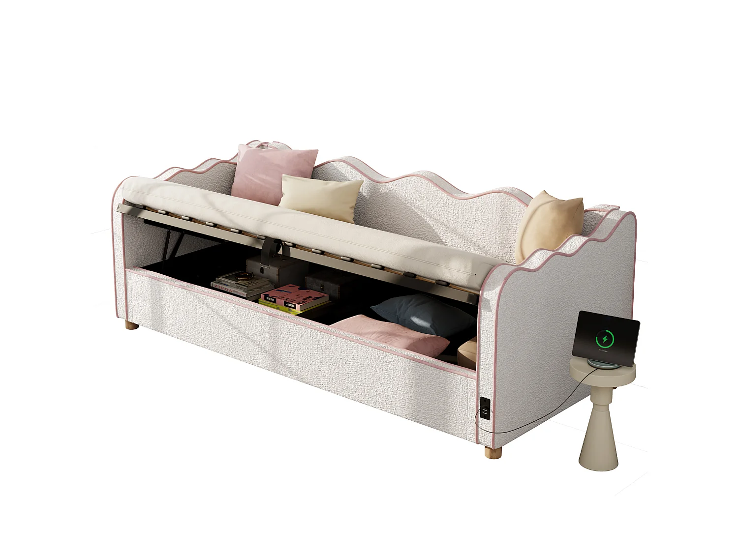 Lit coffre 90x200 cm avec ports USB et Type-C - Lit banquette en bouclé beige