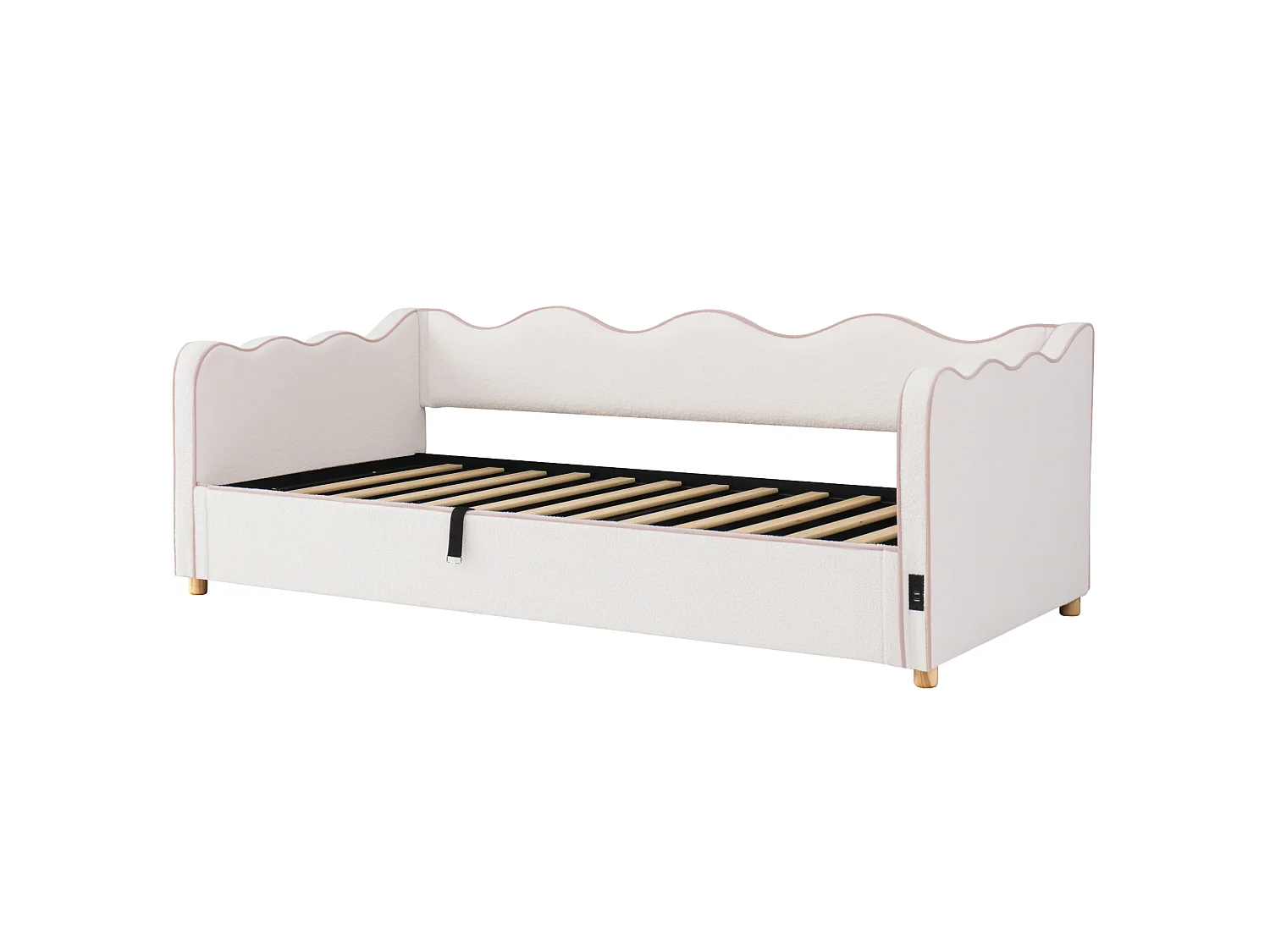 Lit coffre 90x200 cm avec ports USB et Type-C - Lit banquette en bouclé beige