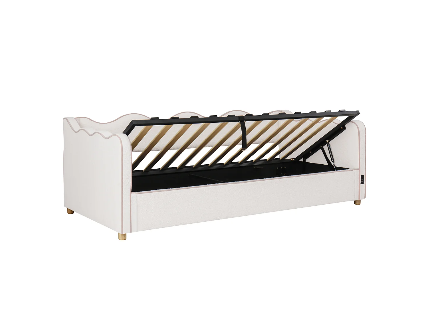 Lit coffre 90x200 cm avec ports USB et Type-C - Lit banquette en bouclé beige
