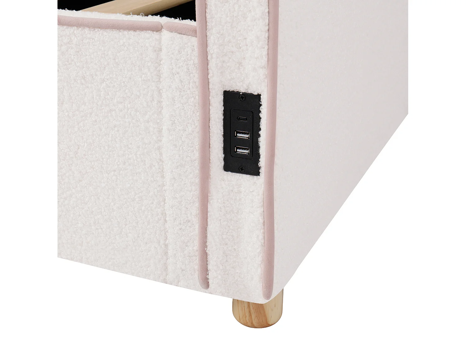 Lit coffre 90x200 cm avec ports USB et Type-C - Lit banquette en bouclé beige