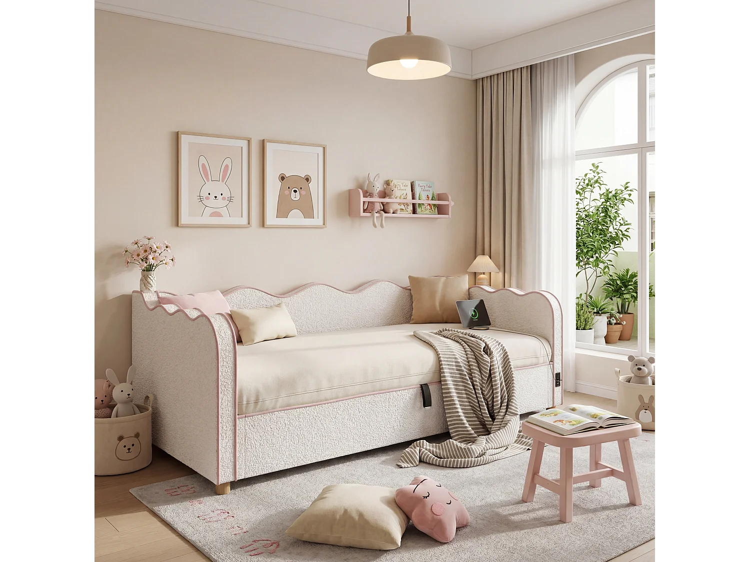 Lit coffre 90x200 cm avec ports USB et Type-C - Lit banquette en bouclé beige