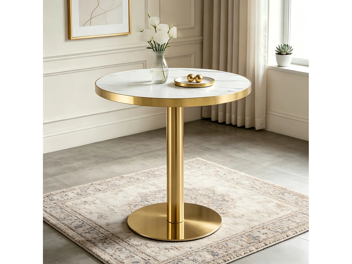Table d'appoint ronde 60 x 60 cm effet marbre blanc et acier inoxydable doré