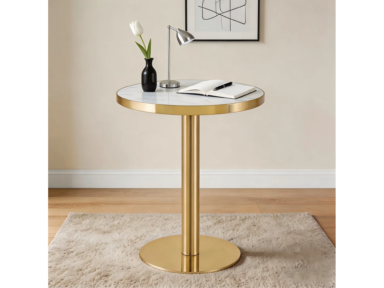 Table d'appoint ronde 60 x 60 cm effet marbre blanc et acier inoxydable doré