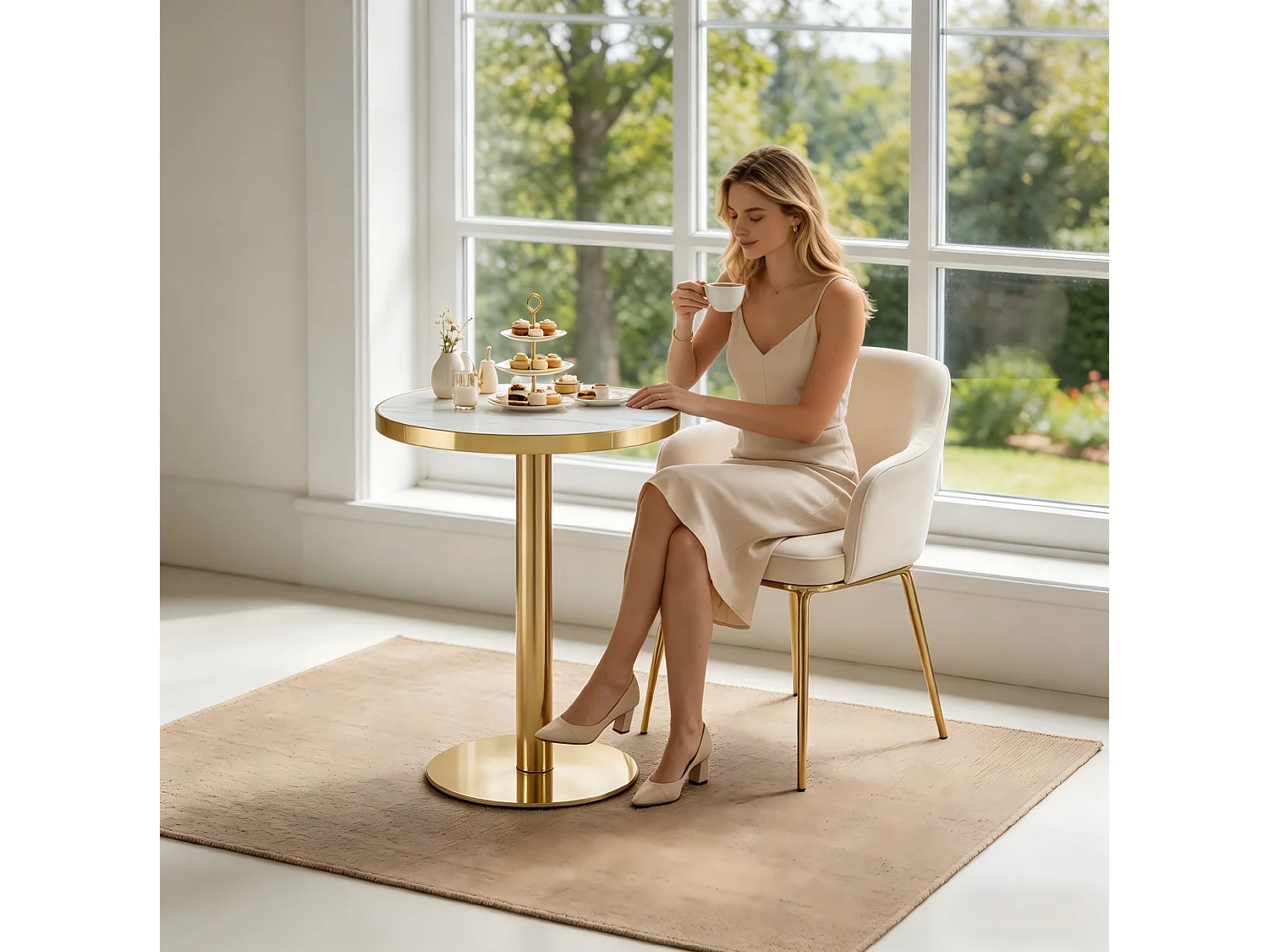 Table d'appoint ronde 60 x 60 cm effet marbre blanc et acier inoxydable doré