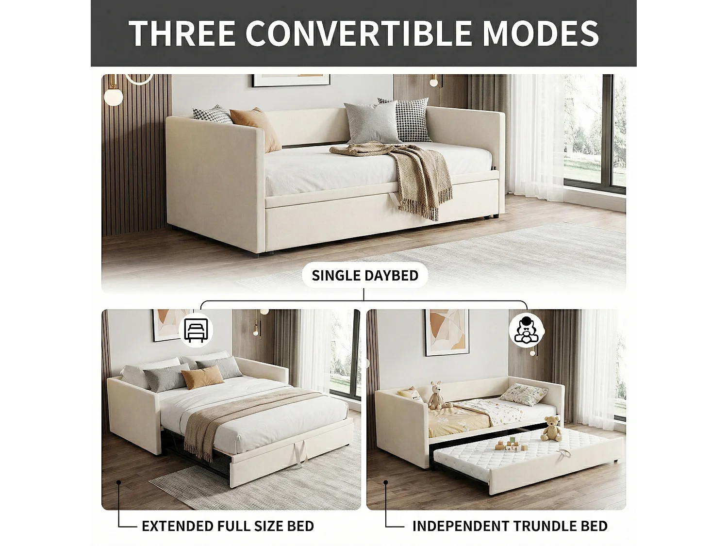 DreamMespace Canapé-lit gigogne relevable en velours avec sommier - 90/180x200 cm - Beige
