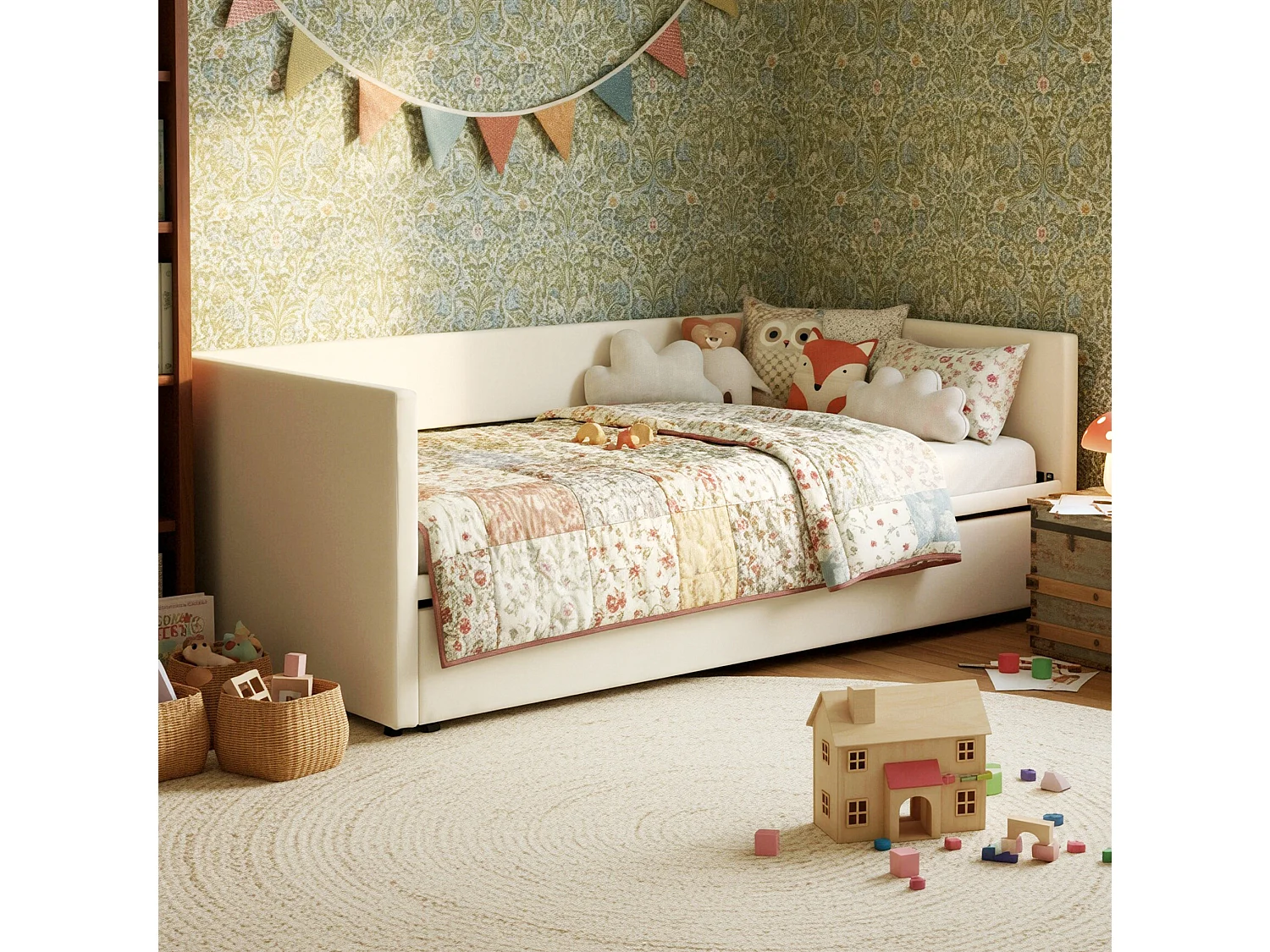 DreamMespace Canapé-lit gigogne relevable en velours avec sommier - 90/180x200 cm - Beige