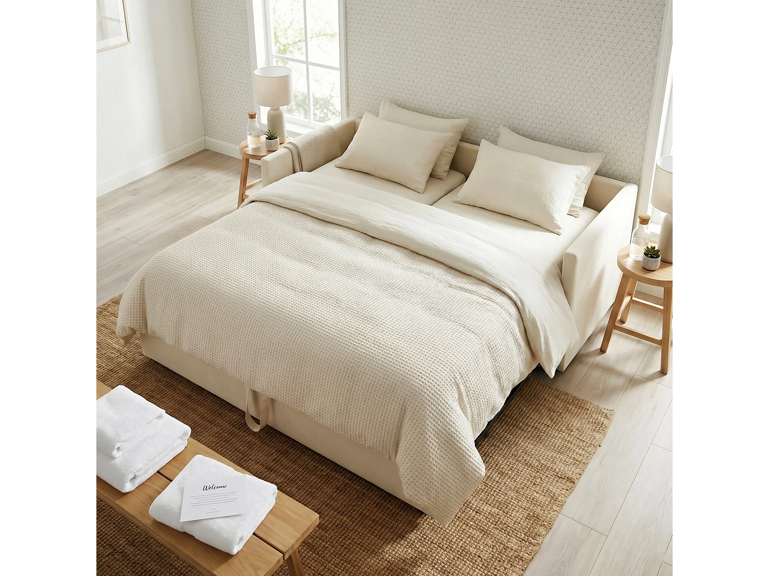 DreamMespace Canapé-lit gigogne relevable en velours avec sommier - 90/180x200 cm - Beige