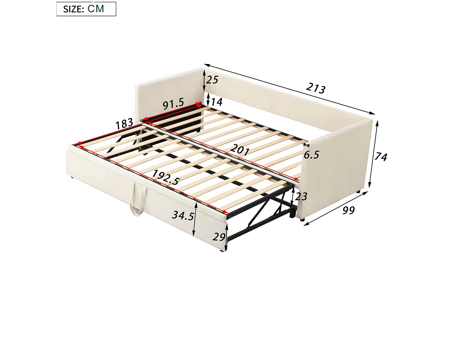 DreamMespace Canapé-lit gigogne relevable en velours avec sommier - 90/180x200 cm - Beige