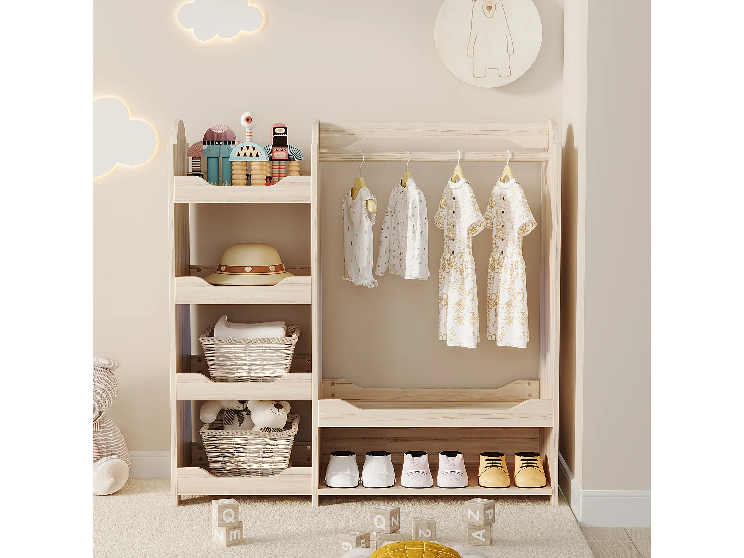 Armoire enfant naturel avec niche, tringle et 4 étagères