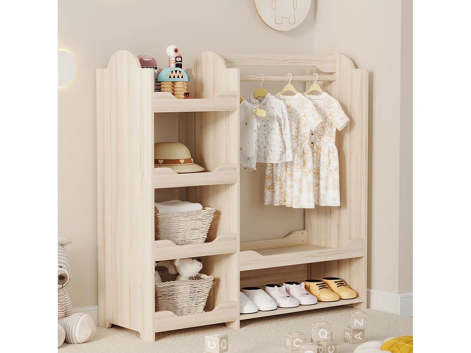 Armoire enfant naturel avec niche, tringle et 4 étagères