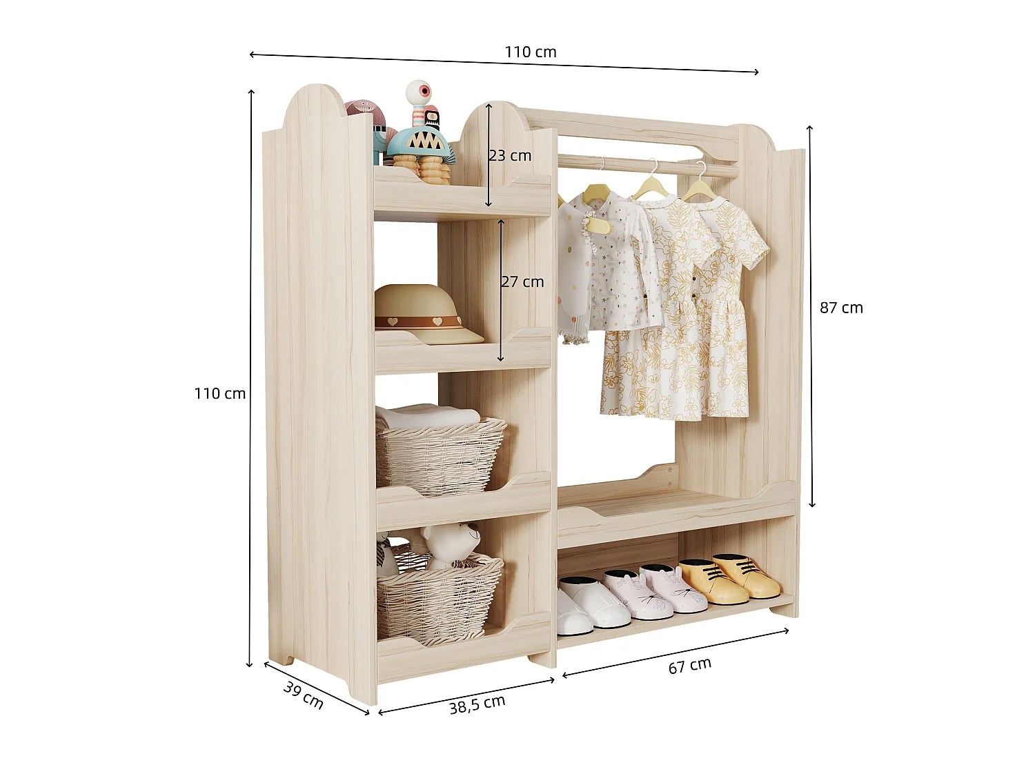 Armoire enfant naturel avec niche, tringle et 4 étagères