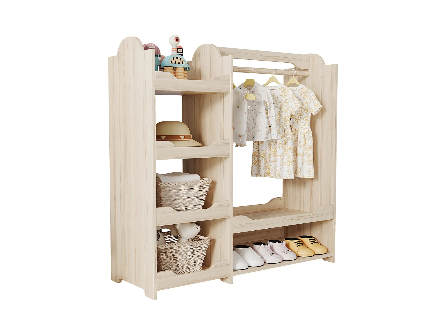 Armoire enfant naturel avec niche, tringle et 4 étagères
