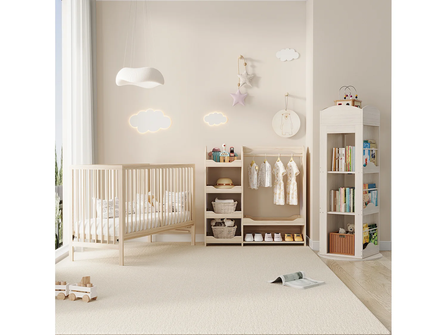 Armoire enfant naturel avec niche, tringle et 4 étagères
