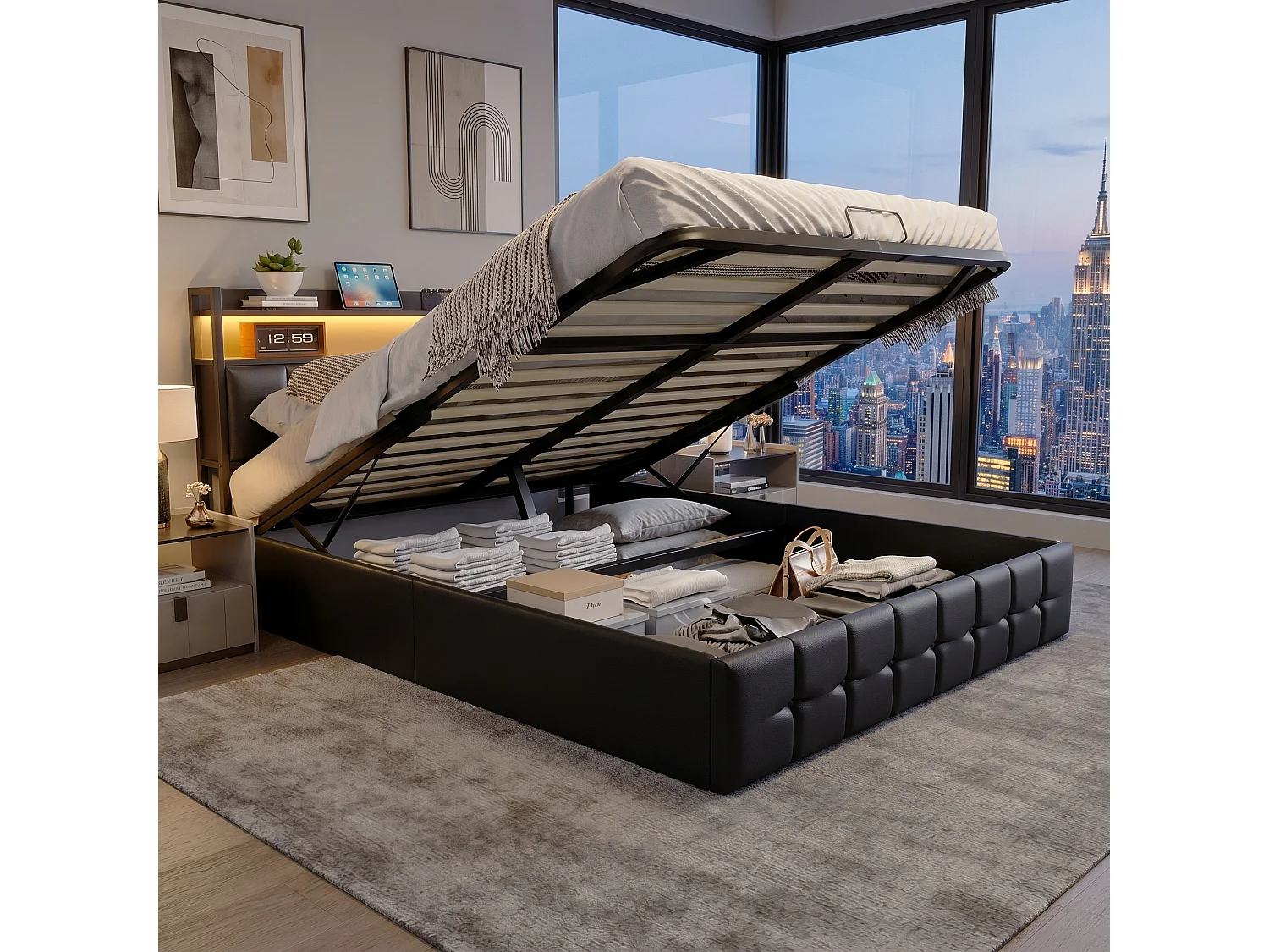 Lit 140x200 cm avec rangement, Lit coffre avec LED, lit double 140x200 cm avec tete de lit et USB, Lit capitonne avec sommier à lattes, Lit 2 Personne, PU, Noir