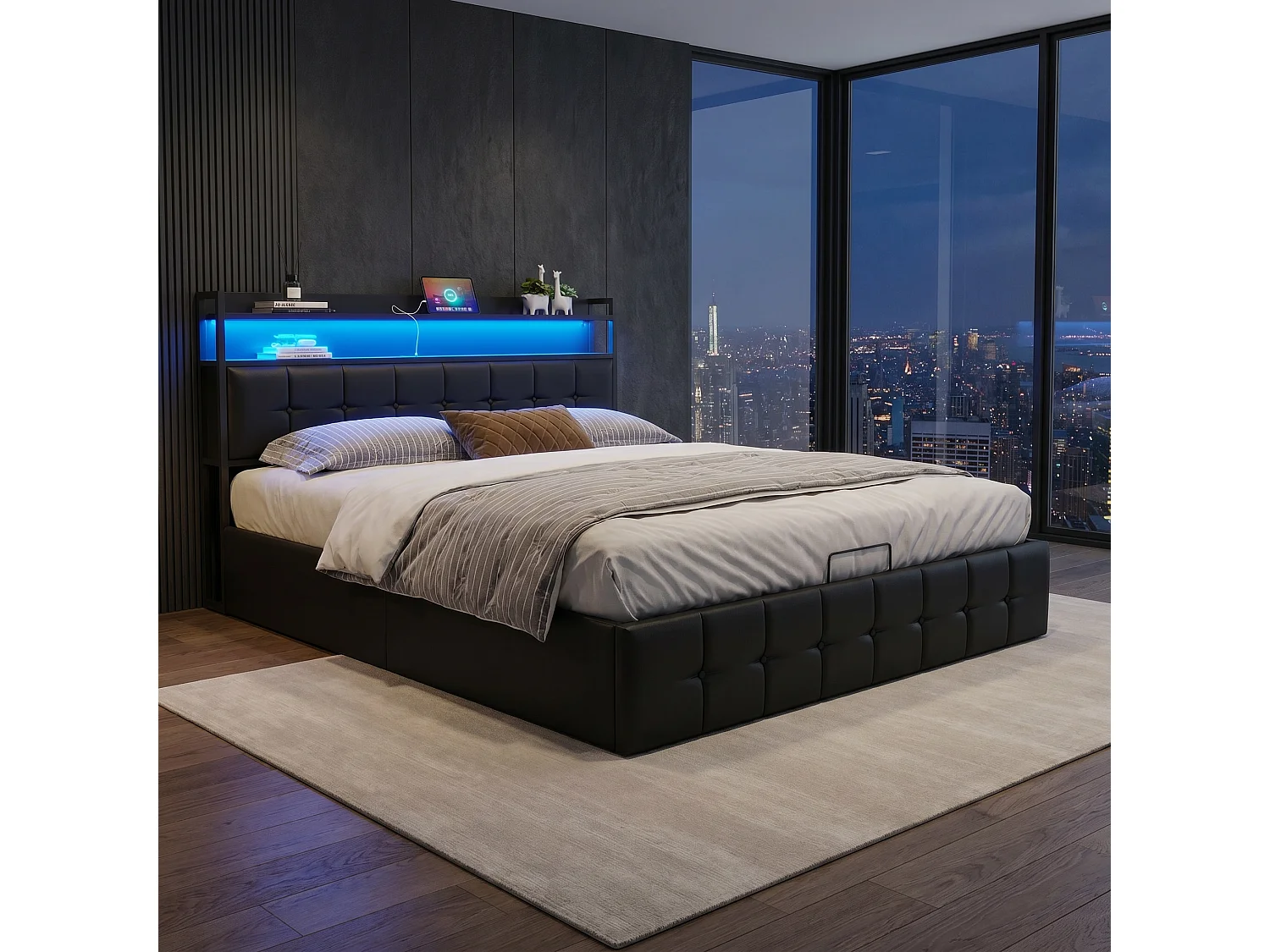 Lit 140x200 cm avec rangement, Lit coffre avec LED, lit double 140x200 cm avec tete de lit et USB, Lit capitonne avec sommier à lattes, Lit 2 Personne, PU, Noir