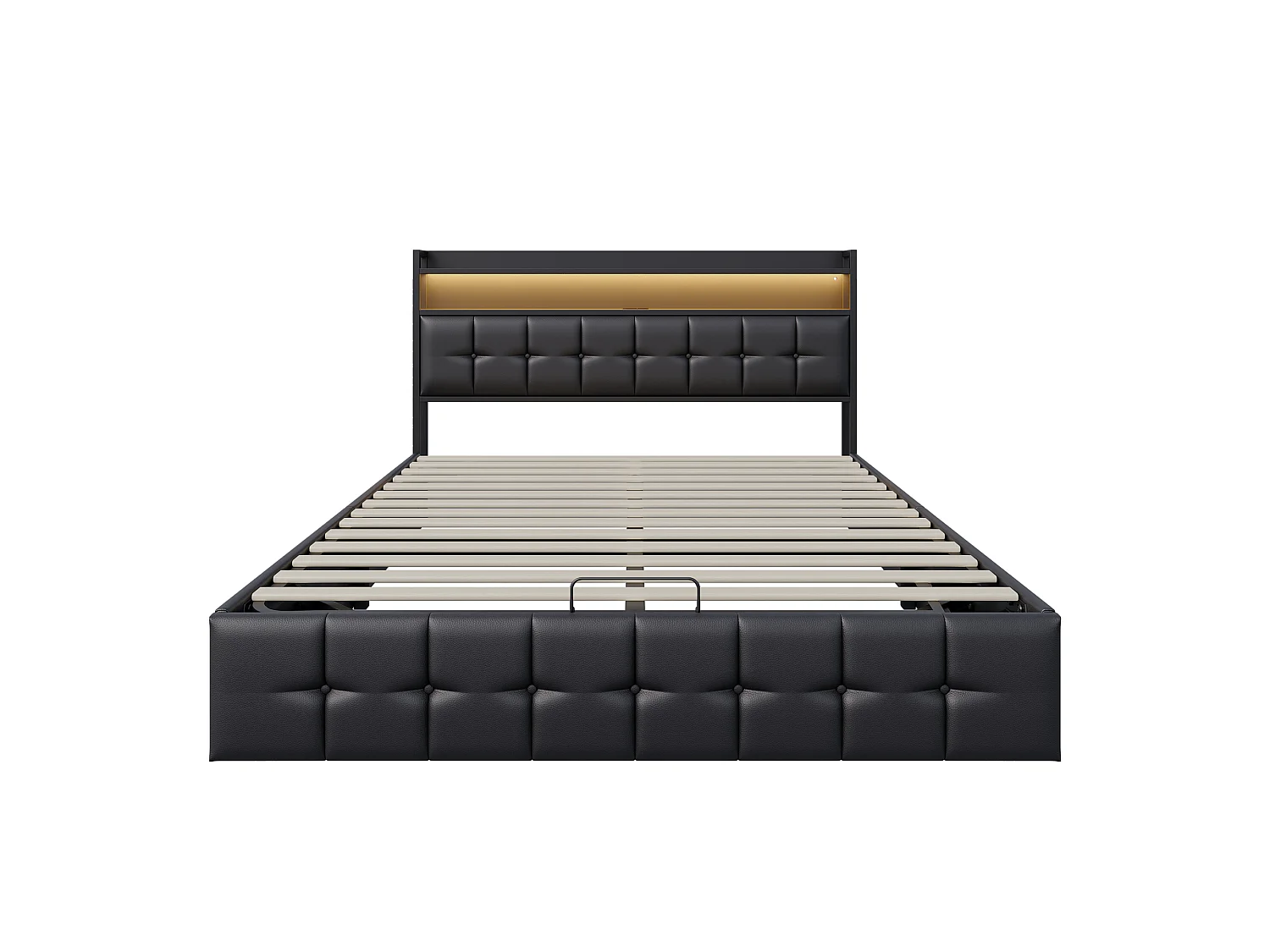 Lit 140x200 cm avec rangement, Lit coffre avec LED, lit double 140x200 cm avec tete de lit et USB, Lit capitonne avec sommier à lattes, Lit 2 Personne, PU, Noir