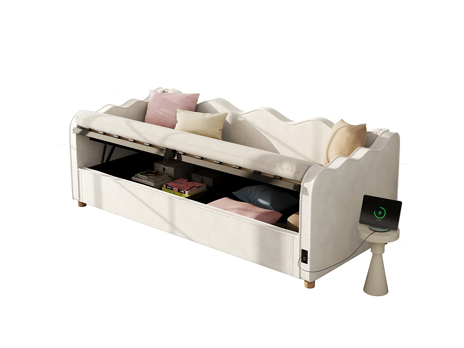 90x200 cm säng med förvaring, USB- och Type-C-portar - Beige sammetsbädd