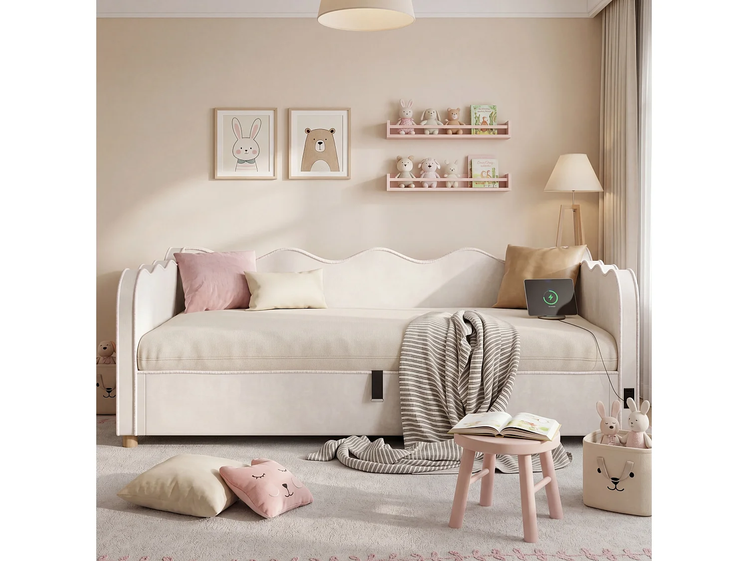 90x200 cm säng med förvaring, USB- och Type-C-portar - Beige sammetsbädd