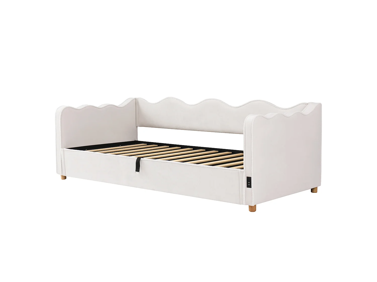90x200 cm säng med förvaring, USB- och Type-C-portar - Beige sammetsbädd
