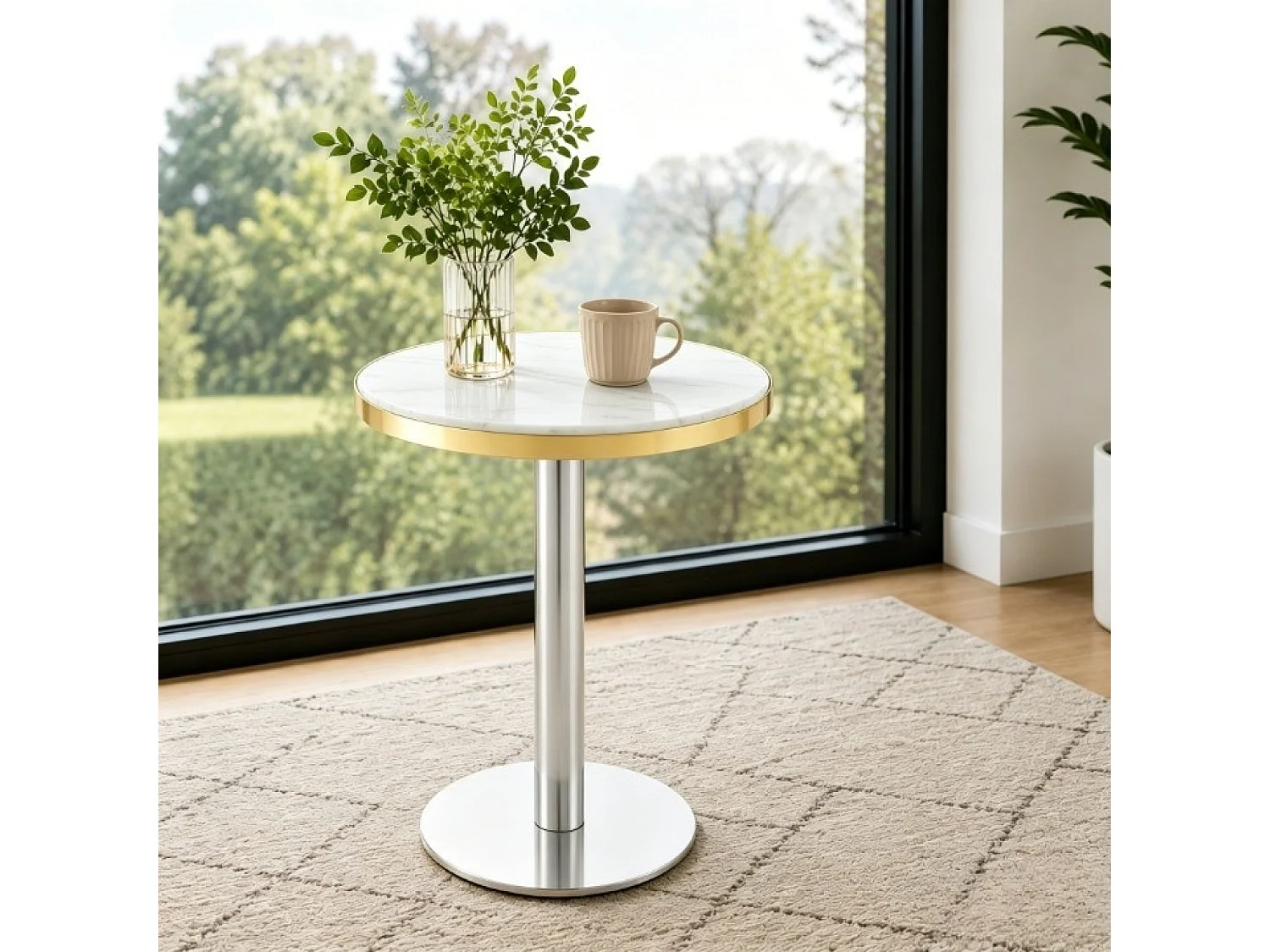 Table d'appoint ronde 60 cm effet marbre blanc - Pied en acier inoxydable argenté