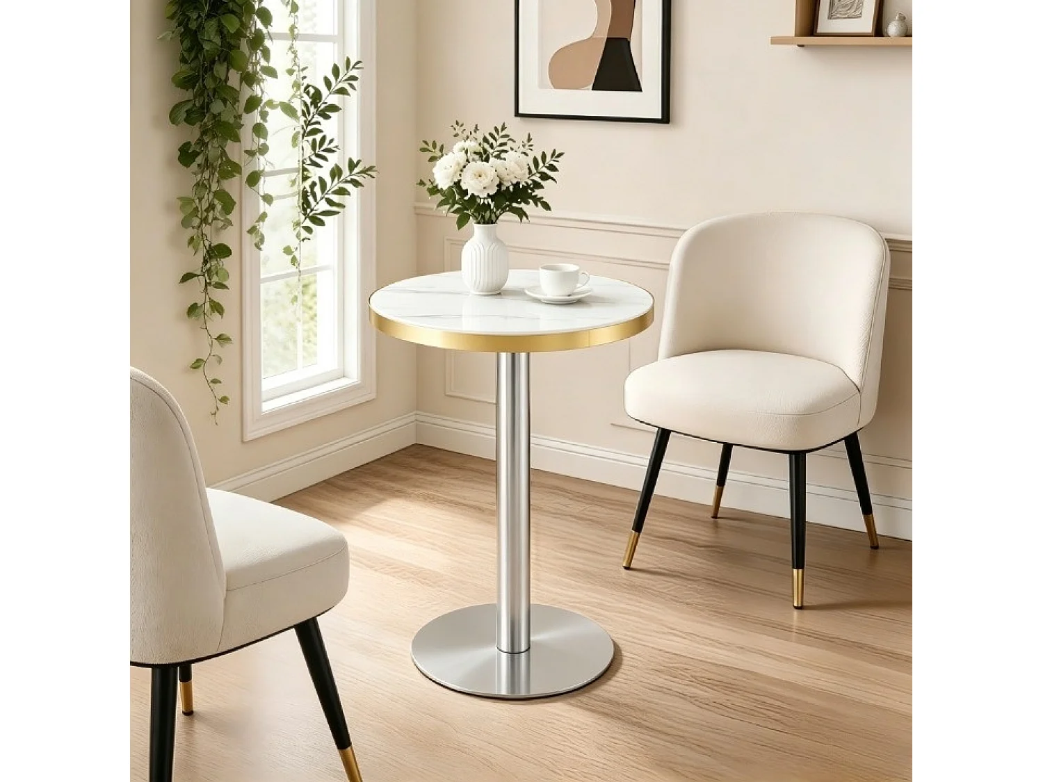 Table d'appoint ronde 60 cm effet marbre blanc - Pied en acier inoxydable argenté