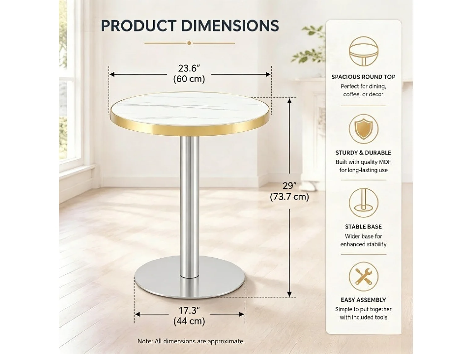 Table d'appoint ronde 60 cm effet marbre blanc - Pied en acier inoxydable argenté