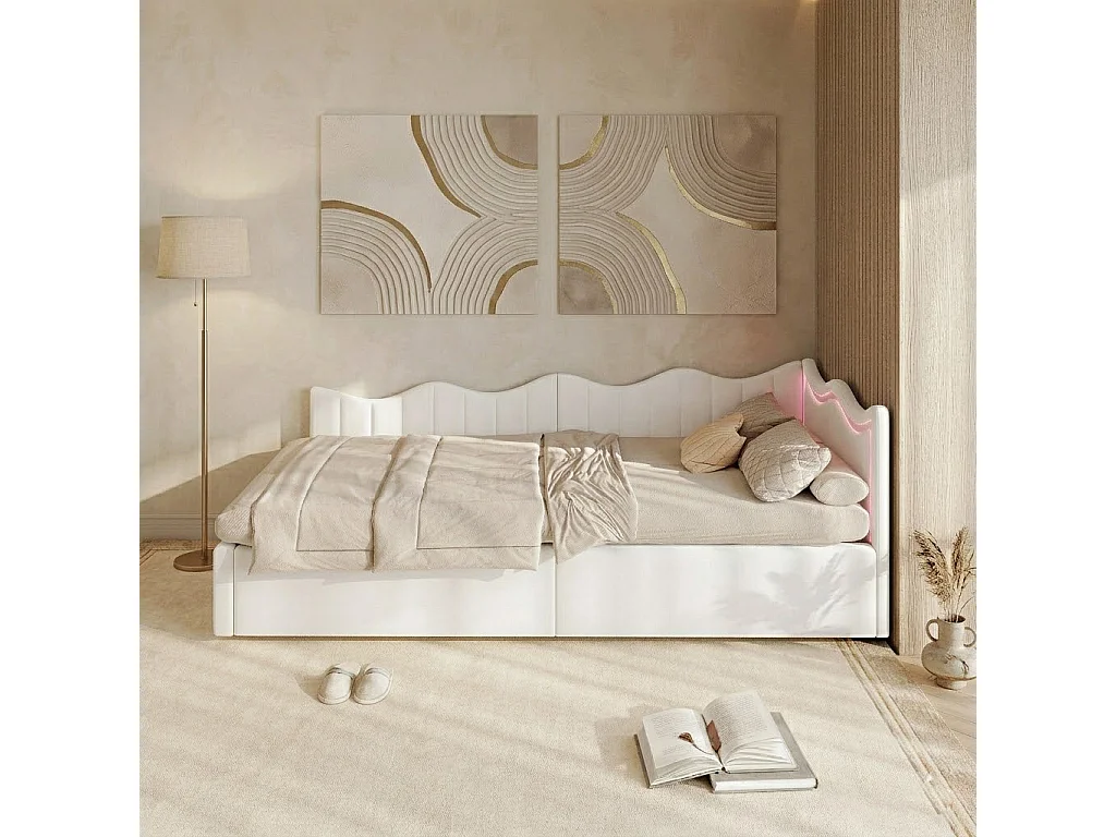 Lit Coffre 90x200 cm, Canapé-Lit Simple avec Rangement Hydraulique et LED, Canapé Lits Enfant Rembourré avec Sommier à Lattes, Velours Teddy, Blanc