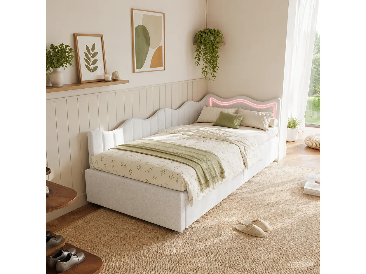 Lit Coffre 90x200 cm, Canapé-Lit Simple avec Rangement Hydraulique et LED, Canapé Lits Enfant Rembourré avec Sommier à Lattes, Velours Teddy, Blanc