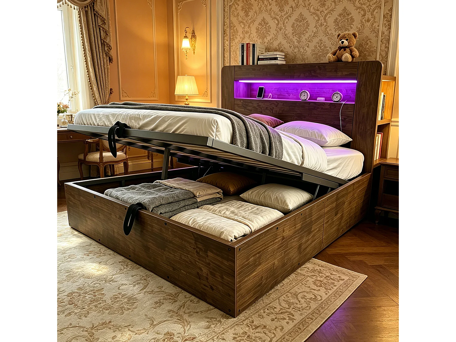 Lit coffre adulte 140x200 cm avec LED et prises - Bois naturel foncé