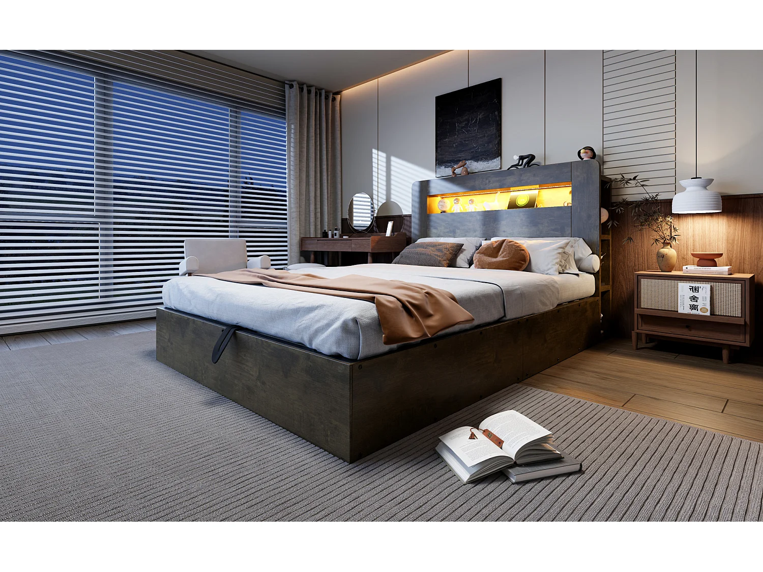 Lit coffre adulte 140x200 cm avec LED et prises - Bois naturel foncé