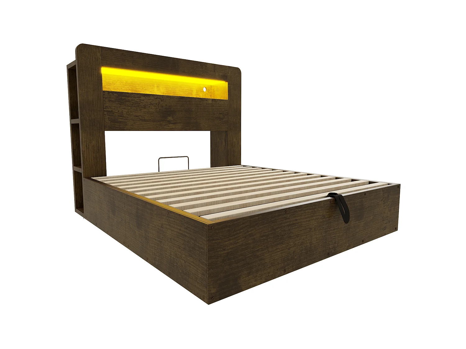 Lit coffre adulte 140x200 cm avec LED et prises - Bois naturel foncé