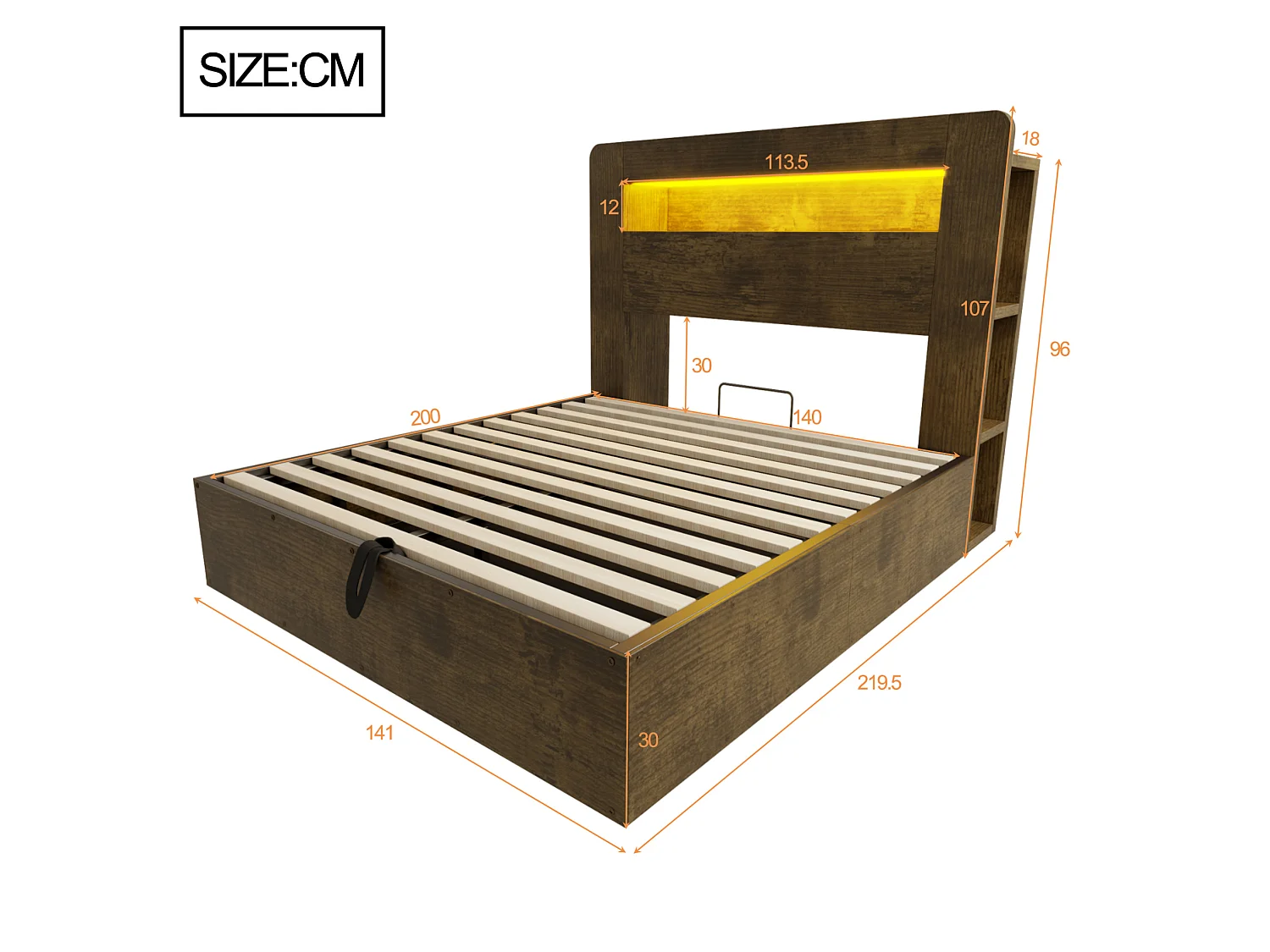 Lit coffre adulte 140x200 cm avec LED et prises - Bois naturel foncé