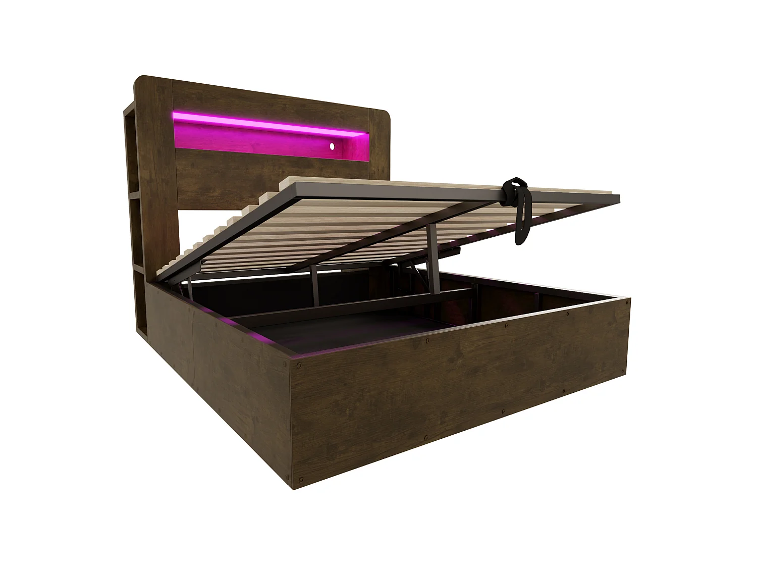 Lit coffre adulte 140x200 cm avec LED et prises - Bois naturel foncé