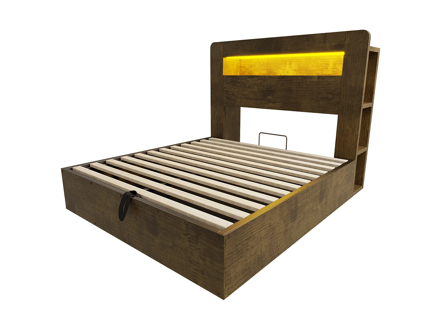 Lit coffre adulte 140x200 cm avec LED et prises - Bois naturel foncé