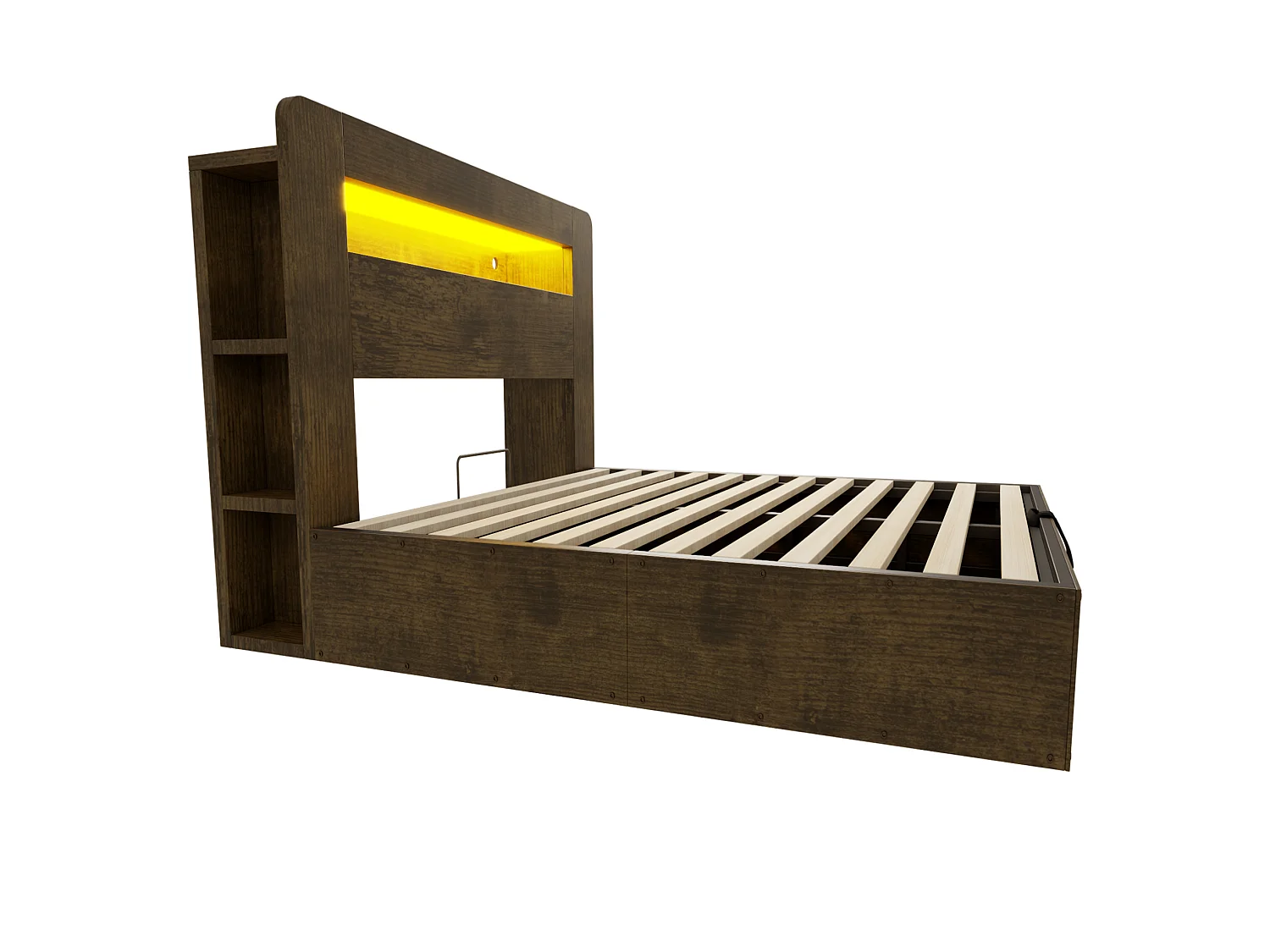 Lit coffre adulte 140x200 cm avec LED et prises - Bois naturel foncé