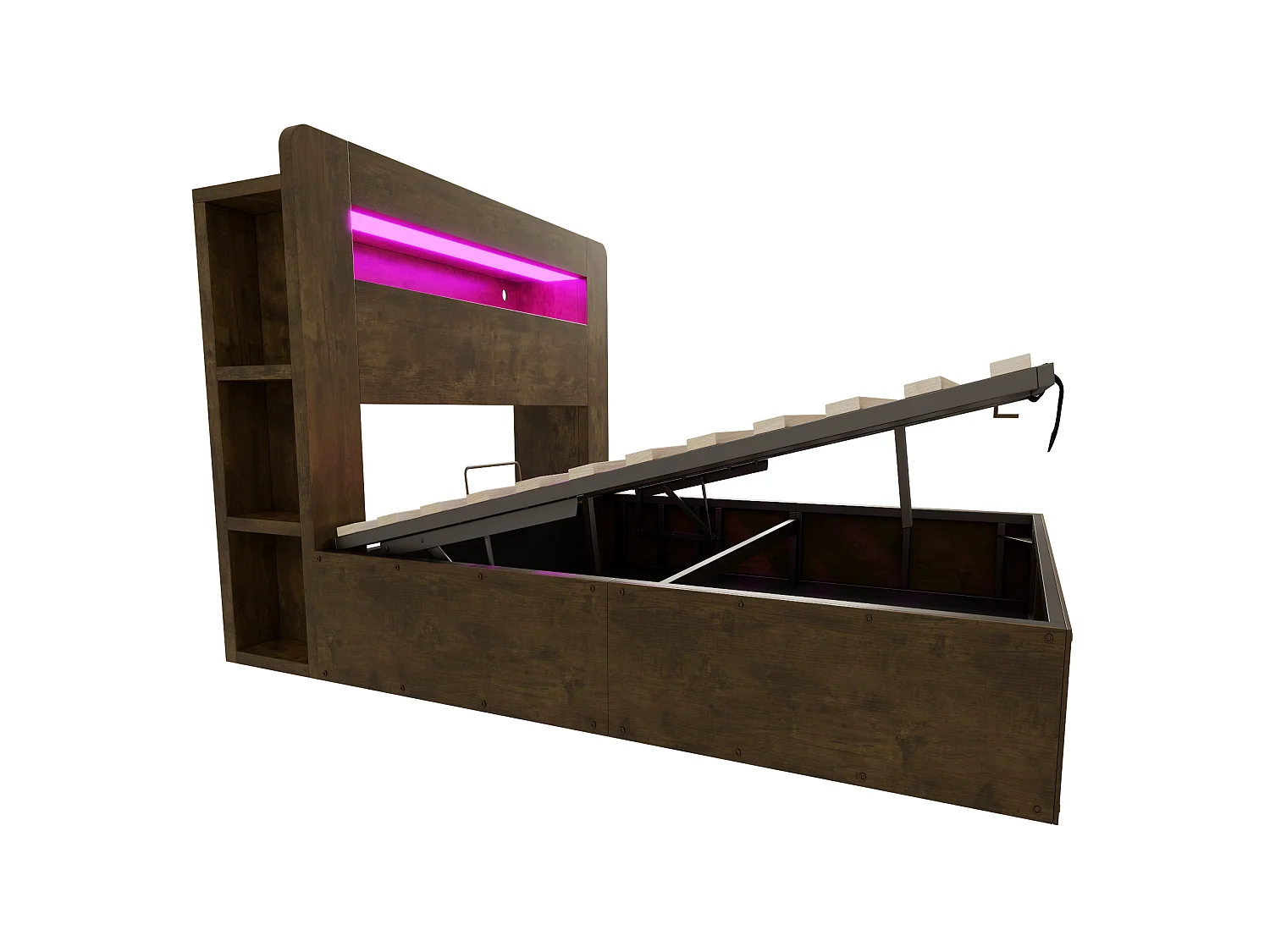 Lit coffre adulte 140x200 cm avec LED et prises - Bois naturel foncé