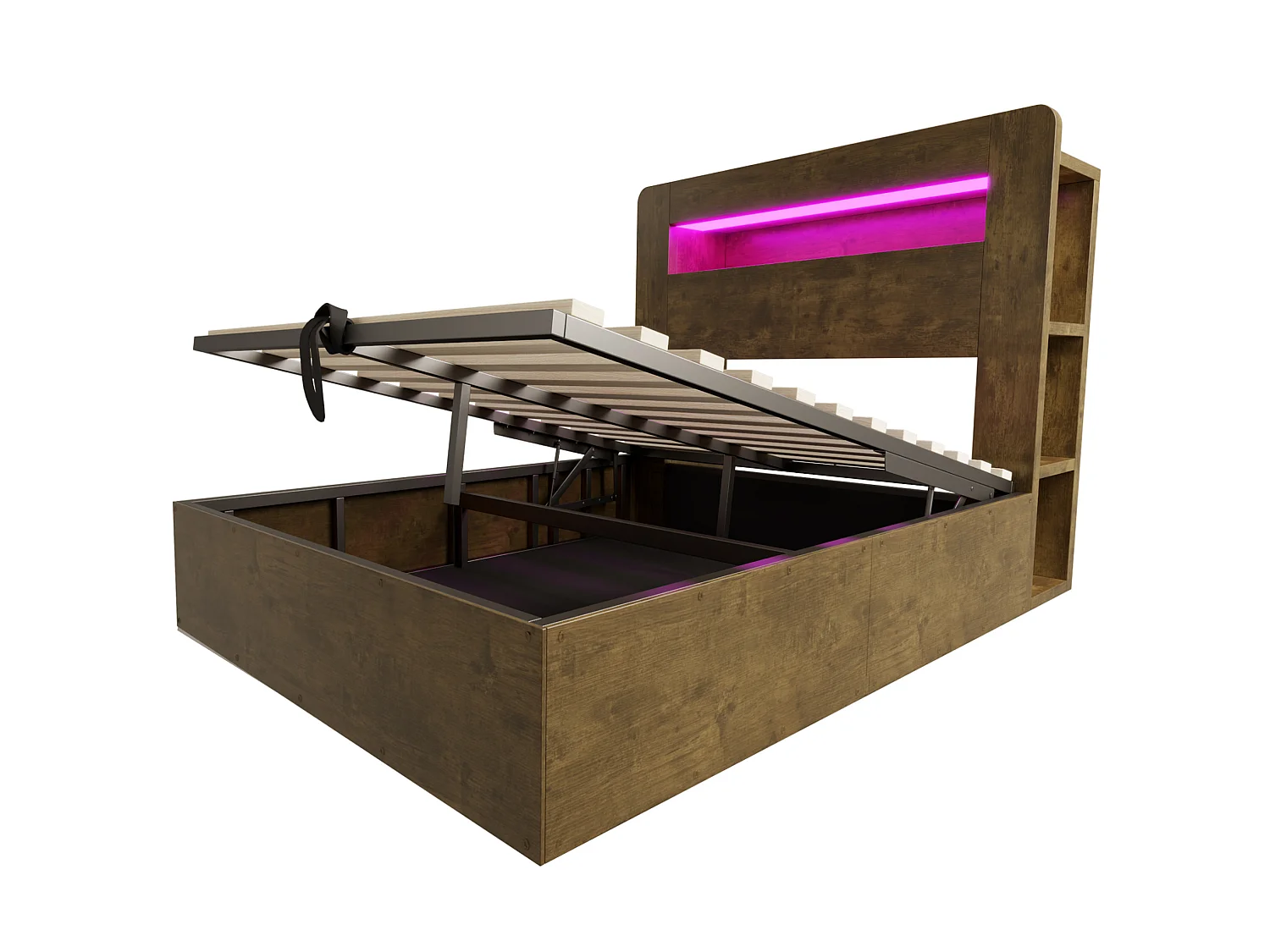 Lit coffre adulte 140x200 cm avec LED et prises - Bois naturel foncé