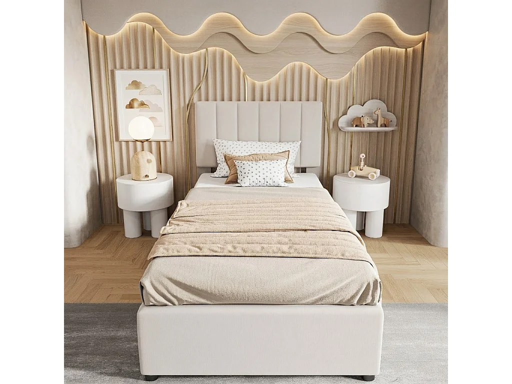 Lit Enfant 90x200 cm, Lit Simple avec Rangement hydraulique, tête de lit réglable, Beige, lit Coffre pour Adolescent, Sommier à Lattes, Lin, Beige