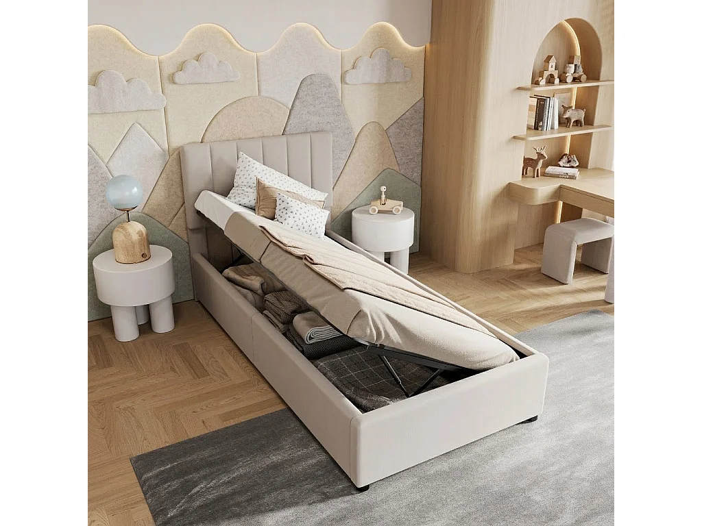 Lit Enfant 90x200 cm, Lit Simple avec Rangement hydraulique, tête de lit réglable, Beige, lit Coffre pour Adolescent, Sommier à Lattes, Lin, Beige
