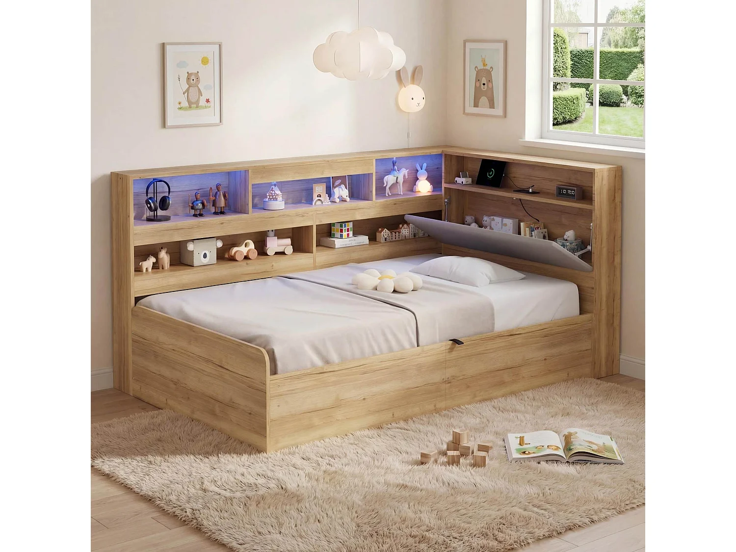 Lit coffre adulte 90x200 cm avec LED et ports USB/Type-C - Lit banquette couleur bois