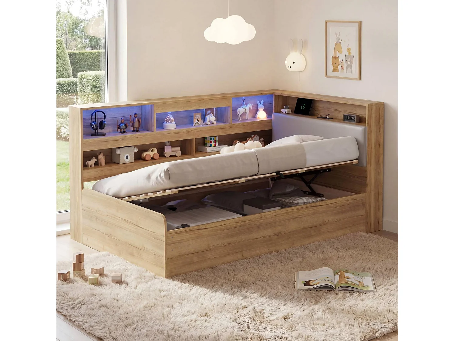 Lit coffre adulte 90x200 cm avec LED et ports USB/Type-C - Lit banquette couleur bois